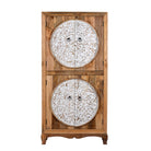 White background image of a mango wood wardrobe with hand-carved floral front, vintage carved wood furniture with curved legs, 180 × 90 × 40 cm.