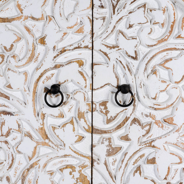 Close up image of a mango wood wardrobe with hand-carved floral front, vintage carved wood furniture with curved legs, 180 × 90 × 40 cm.