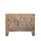 White background image of a reclaimed wood sideboard made from antique teak doors with carved detailing; teak furniture, 110 × 45 × 83 cm.
