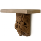 Teak wood wall shelf with heavily hand-carved bracket, made from old Indian house part; rustic teak wood shelving and unique wooden furniture, 40 × 20 × 15 cm.