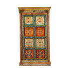 White background image of a hand-painted teak wood cabinet with floral motifs; teak wood furniture for bohemian interiors, 105 × 55 × 177 cm.