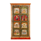 White background image of a hand painted teak wood cabinet with floral motifs, restored Indian furniture online; unique storage piece, 100 × 44 × 185 cm.