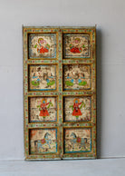Hand-painted old Indian teak door panel with gods motifs in vintage style.