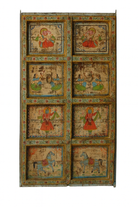 White background image of a Vedant hand-painted teak wood wall decoration featuring eight illustrated folklore panels, an expressive and detailed wall decoration from antique Indian door panels.