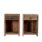 White background image of a pair of bedside tables in Driftwood/ Wabi Sabi style crafted from recycled old wood, each featuring a single drawer with a metal ring pull and an open shelf below, showcasing natural wood grain and rustic textures.


