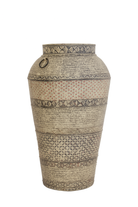 White background image of a hand-painted iron floor vase with Sanskrit motifs – a one-of-a-kind painted iron decoration perfect for bohemian interior styling.