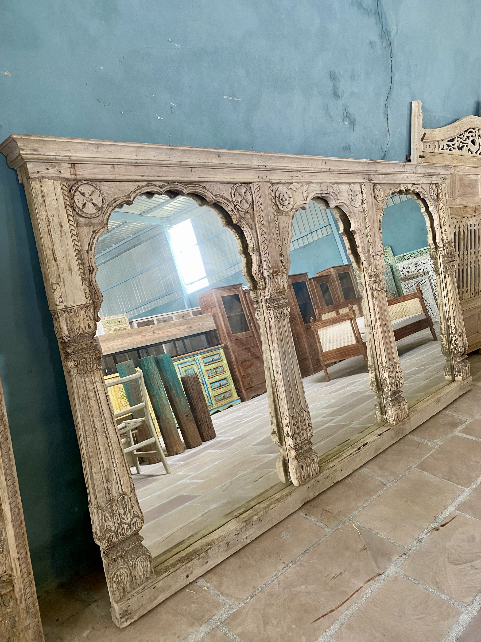 Triple-arched antique teak wall mirror from our vintage mirrors collection, a statement piece of unique wooden furniture.