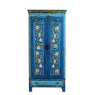 White background image of a hand-painted wardrobe made of reclaimed wood in vibrant blue floral design – Yuvika model by Om Home & Garden