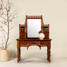 Antique console table with mirror, restored teak wood, featuring hand-carved detailing; dressing table with mirror, 110 × 48 × 146 cm.