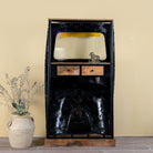 Back side image of a artsy bar table made from a reclaimed Indian rickshaw front with working headlight – Zoha Riksha bar model by Om Home & Garden