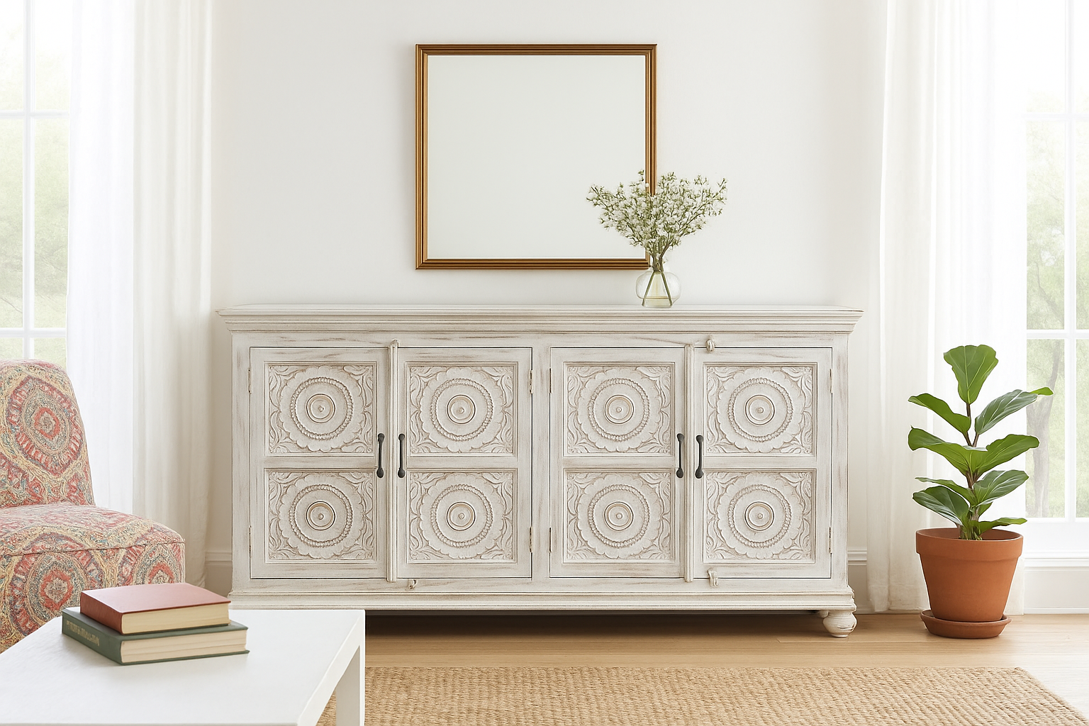 Decorative white sideboard with circular patterns in a living room setting.