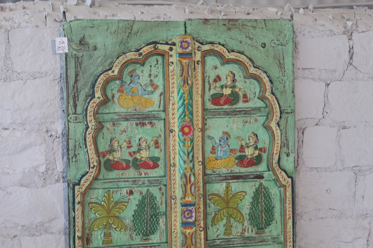 Handbeschilderde antieke Indiase gerecycled dubbele deur wandddecoratie.