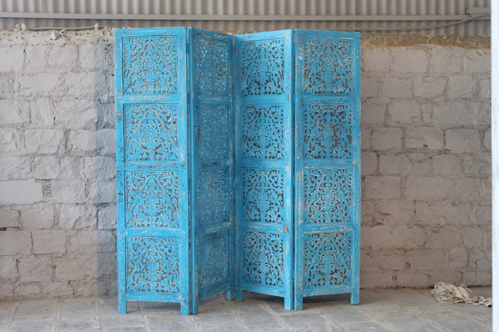 Handgeschnitzter faltbarer Raumteiler aus Mangoholz, gefertigt in Indien in mediterranem vintage Stil.