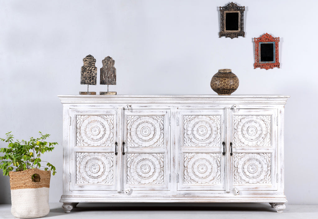 Mandala white, antique indian sideboard