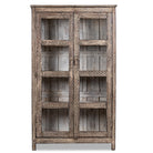 White background image of a handcrafted display cabinet made from reclaimed Teak wood with glass doors and Sanskrit motifs; sustainable and unique wooden furniture, 182 × 93 × 42 cm.