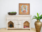 Mango wood console table with Oriental hand-carved front; Mediterranean style carved console table with two storage compartments, 150 × 90 × 40 cm.