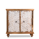 White background image of a carved wood furniture cupboard with white-washed engraved doors and mango wood body, 90 × 90 × 40 cm.