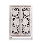 White background image of a white washed mango wood cabinet with three compartments and hand‑carved floral doors, vintage style, 75 × 40 × 120 cm.