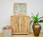 Carved wood furniture cabinet made from solid mango wood, hand-carved floral design, Mediterranean-style, 90 × 97 × 40 cm.