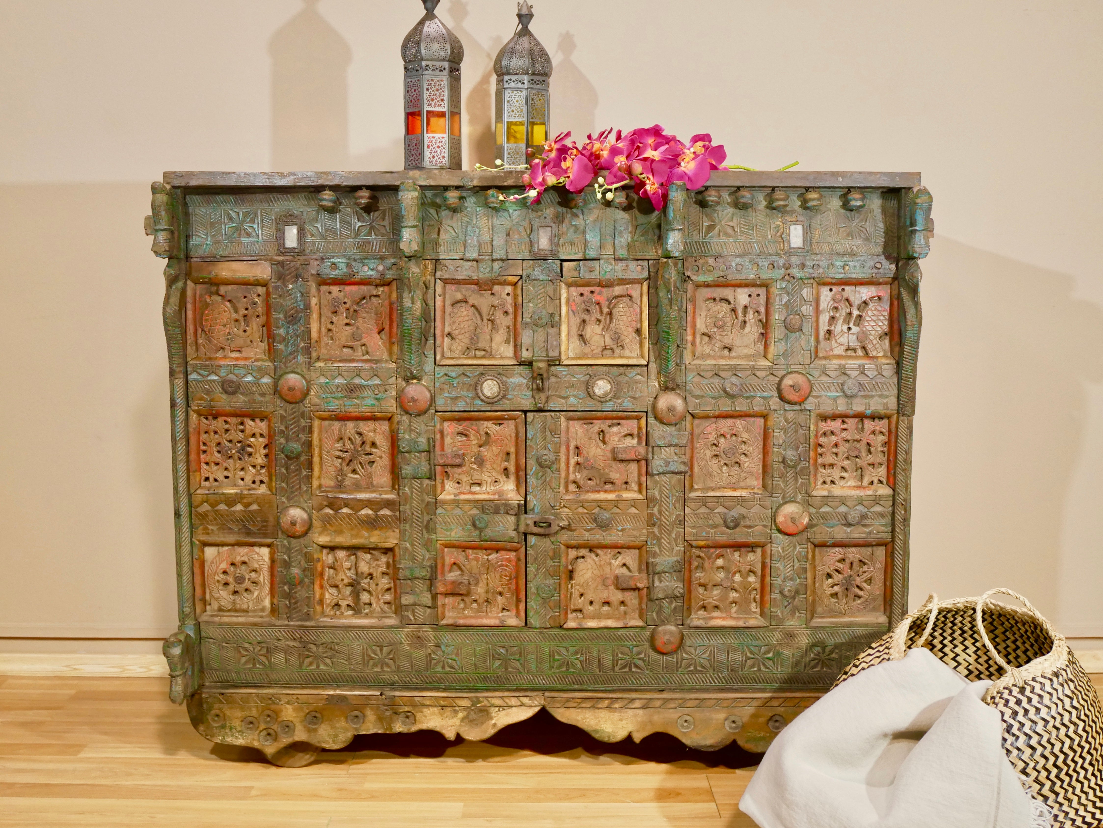 Classic Indian furniture Damchya chest, reclaimed teak wood with hand-carved details and iron fittings; perfect for bohemian interior décor, 130 × 66 × 110 cm.