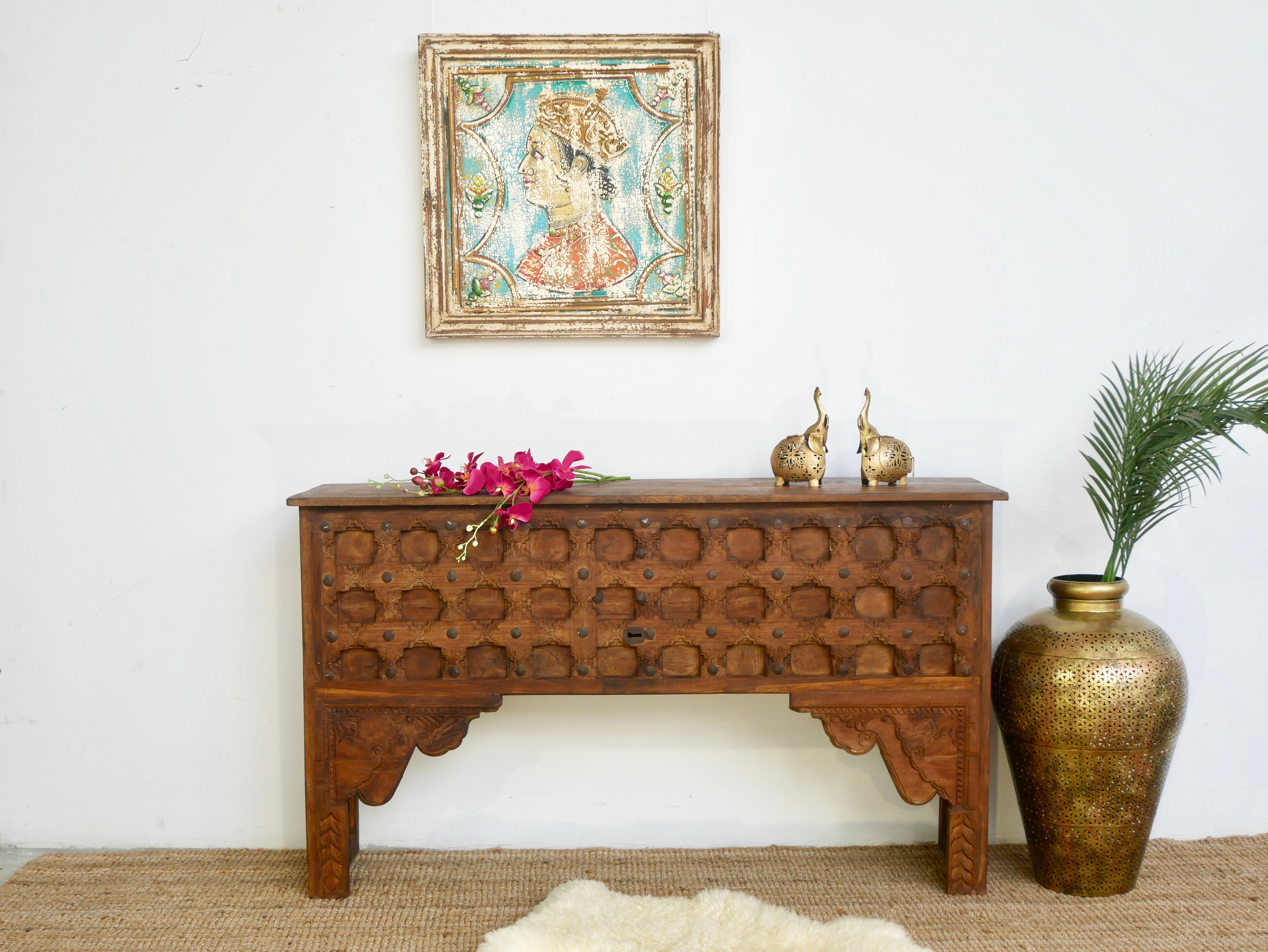 Teak wood console table made from antique Indian door parts; sustainable old door furniture, 183 × 95 × 45 cm.
