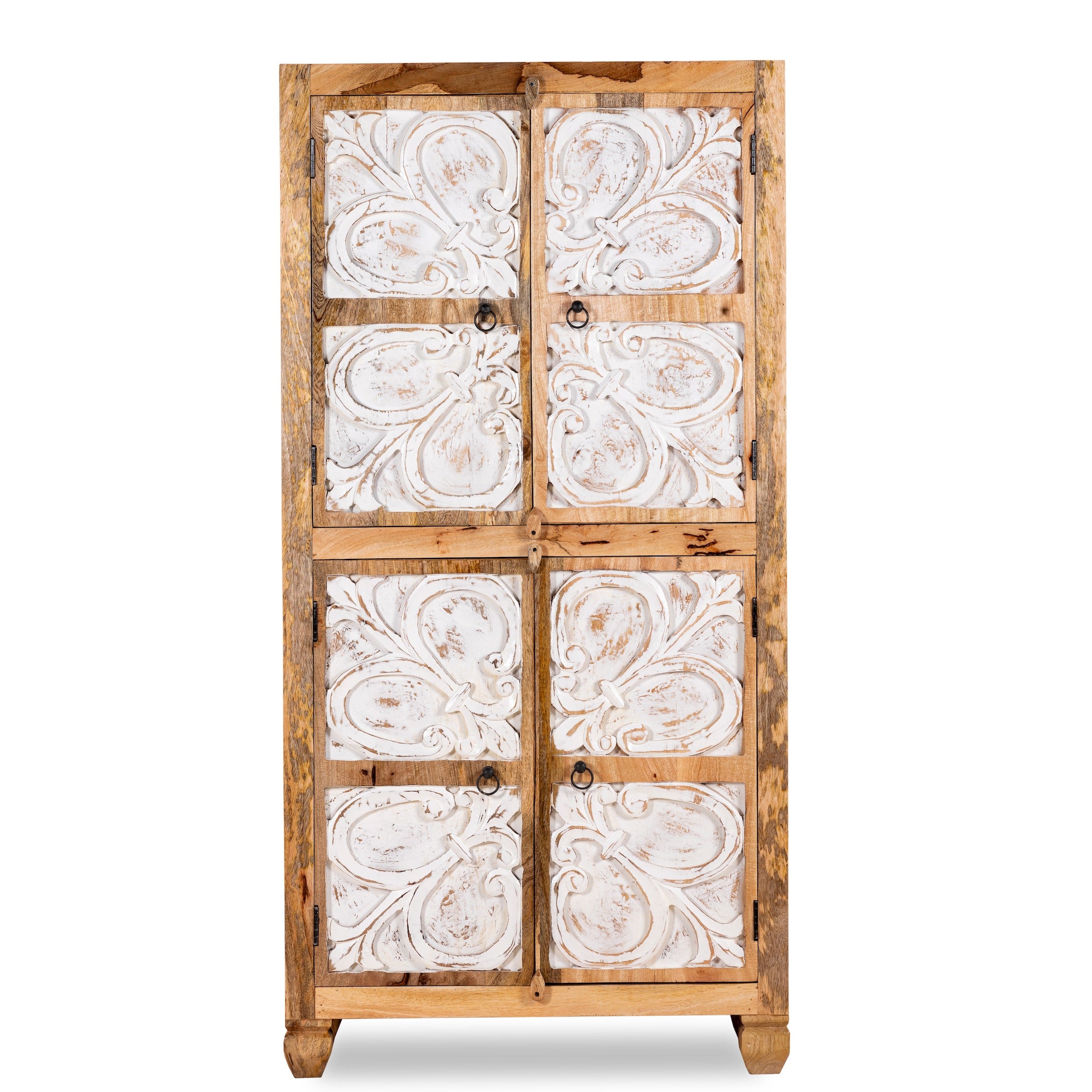 White background image of  hand-carved mango wood wardrobe with floral motifs and whitewashed finish; wooden wardrobe ideal for bedroom furniture, 90 × 180 × 40 cm.
