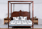 Mango wood bedside table with rattan insert, handcrafted rattan furniture; durable mango wood furniture, 60 × 60 × 40 cm.