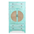White background image of a vintage furniture cabinet in turquoise-washed mango wood with rattan door panels and hand-carved engravings, 80 × 148 × 40 cm.