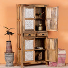 Open door image of a hand-carved wooden wardrobe made from mango wood with whitewashed floral carvings; perfect as bedroom furniture, 90 × 180 × 40 cm.