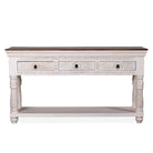 White background image of a carved mango wood console table with floral ornamentation; rich, exotic mango wood furniture, 150 × 90 × 45 cm.