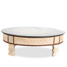 White background image of a round reclaimed wood coffee table with glass top and hand-carved Indian design; hollow interior, 70 cm diameter, 30 cm height.