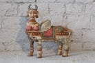 Hand-carved Kamadhenu Indian wooden sculpture made from recycled teak – artistic Indian home accessory with painted detail, 70x40x20cm.