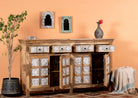 Open door image of a hand-carved mango wood sideboard with whitewashed floral details; perfect as living room furniture or mango wood furniture for vintage interiors, 180 × 100 × 40 cm.