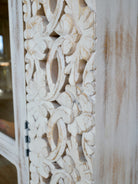 Close up image of a handcrafted mango wood cabinet with glass-panelled doors and internal storage – carved wood furniture made from sustainable mango wood with unique natural grain.