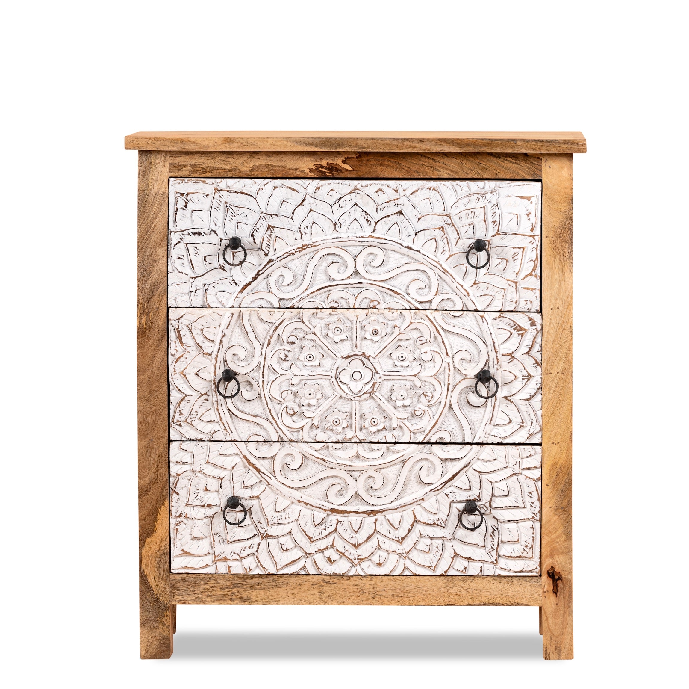 White background image of a mango wood carved chest of drawers with whitewashed floral engraved fronts, 80 × 40 × 90 cm.