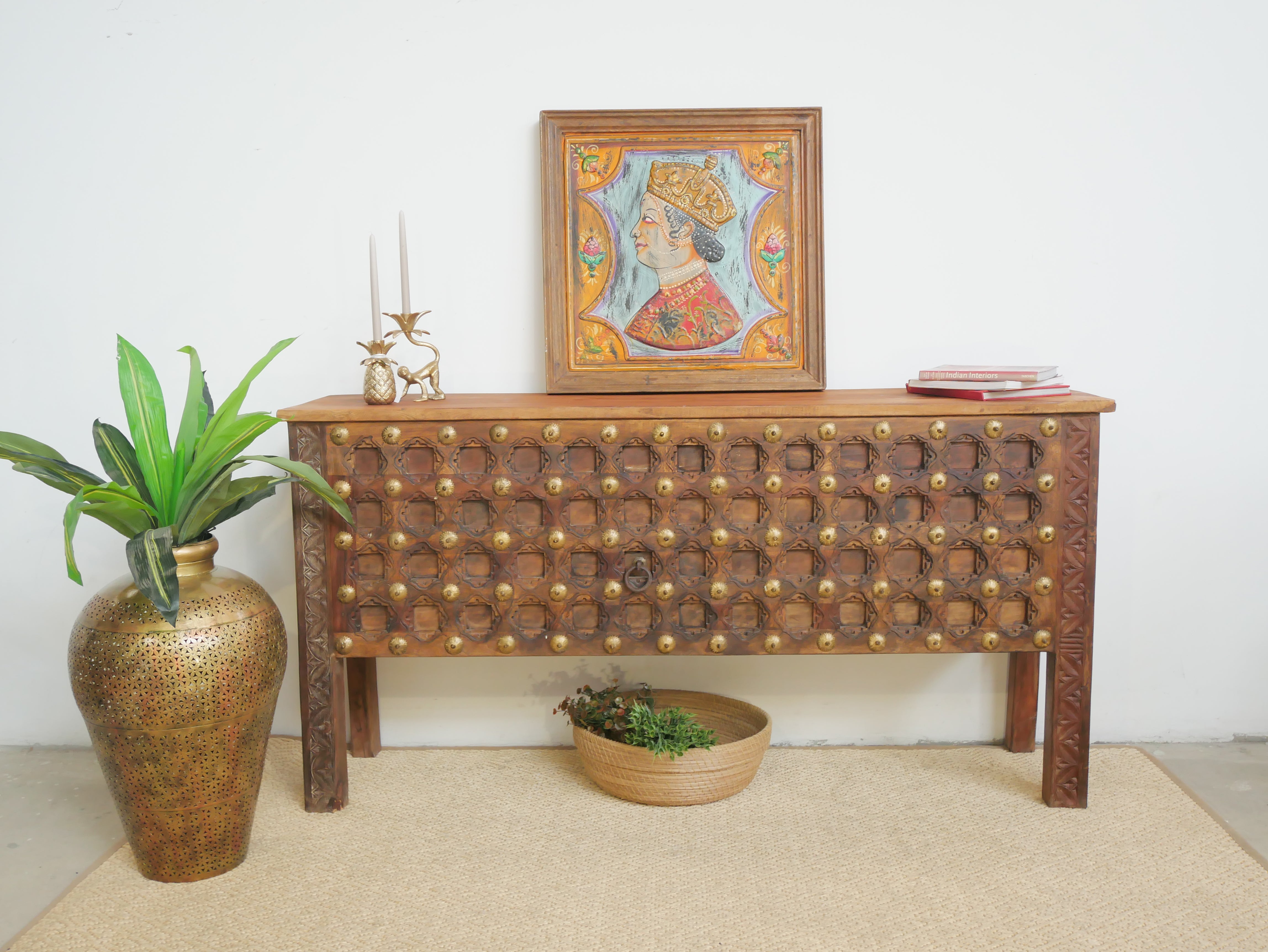 Reclaimed teak wood console table with antique door front and brass fittings; sustainable furniture, 170 × 90 × 48 cm.