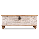 White background image of a hand-carved mango wood vintage chest with whitewashed finish and iron fittings – elegant storage for bohemian or rustic interiors.