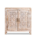 White background image of a white washed cabinet handcrafted from mango wood with engraved doors; artisanal Indian mango wood furniture, 90 × 90 × 40 cm.