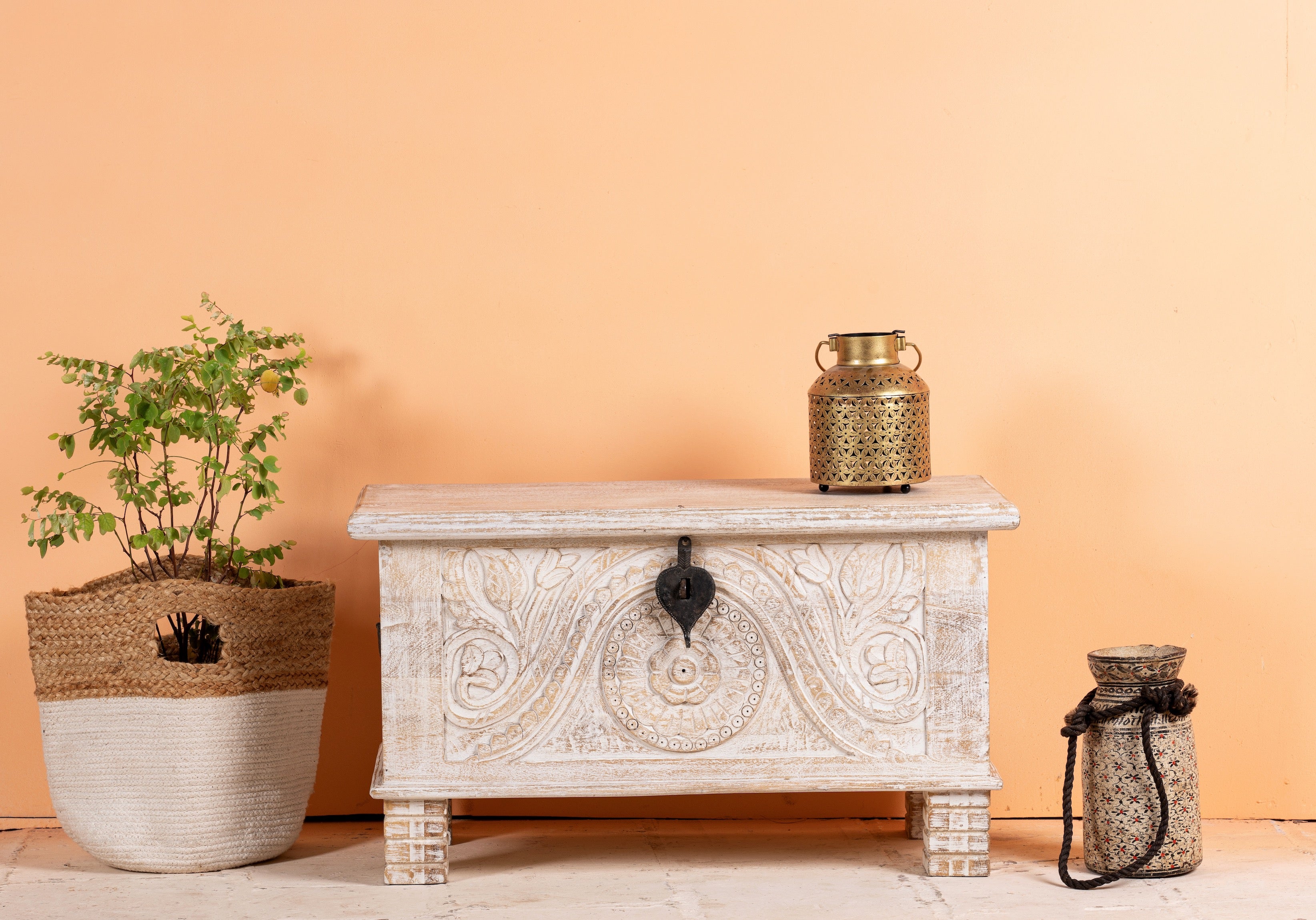A decorative storage chest with floral carvings, placed against an orange backdrop, accompanied by a potted plant and a decorative basket.