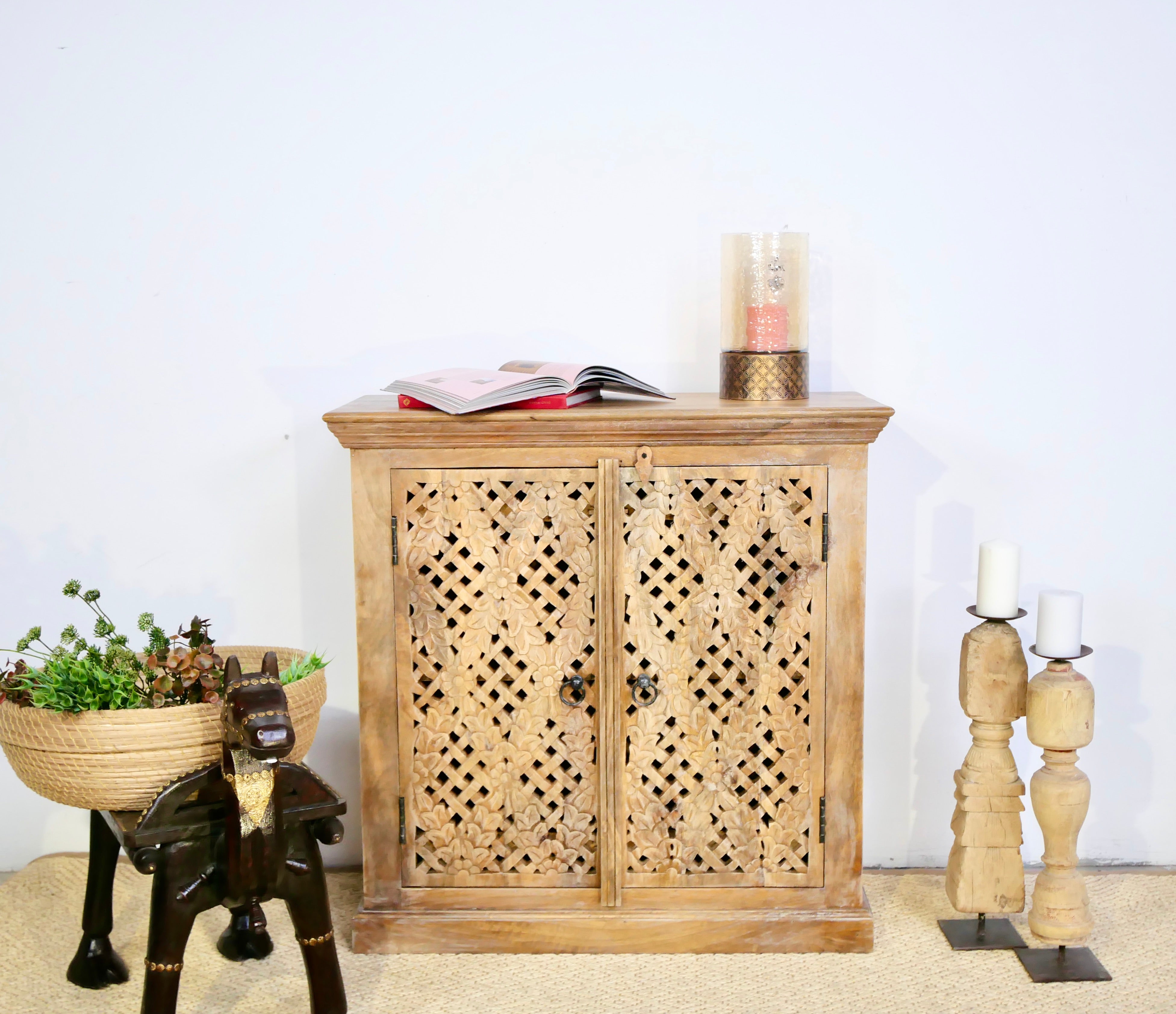 Hand-carved wood furniture made from solid mango wood, Mediterranean-style cabinet with Indian carvings, 90 × 90 × 40 cm.