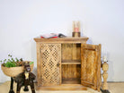 Open door image of a hand-carved wood furniture made from solid mango wood, Mediterranean-style cabinet with Indian carvings, 90 × 90 × 40 cm.