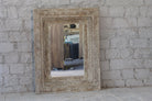 Warehouse pic of a vintage mango wood mirror with hand-carved frame; rectangular wall mirror, 76 × 102 cm.