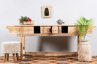 Image with pen drawer of a rustic reclaimed teak console table with hand-carved detailing and hidden side compartments; sustainable furniture, 170 × 82 × 48 cm.
