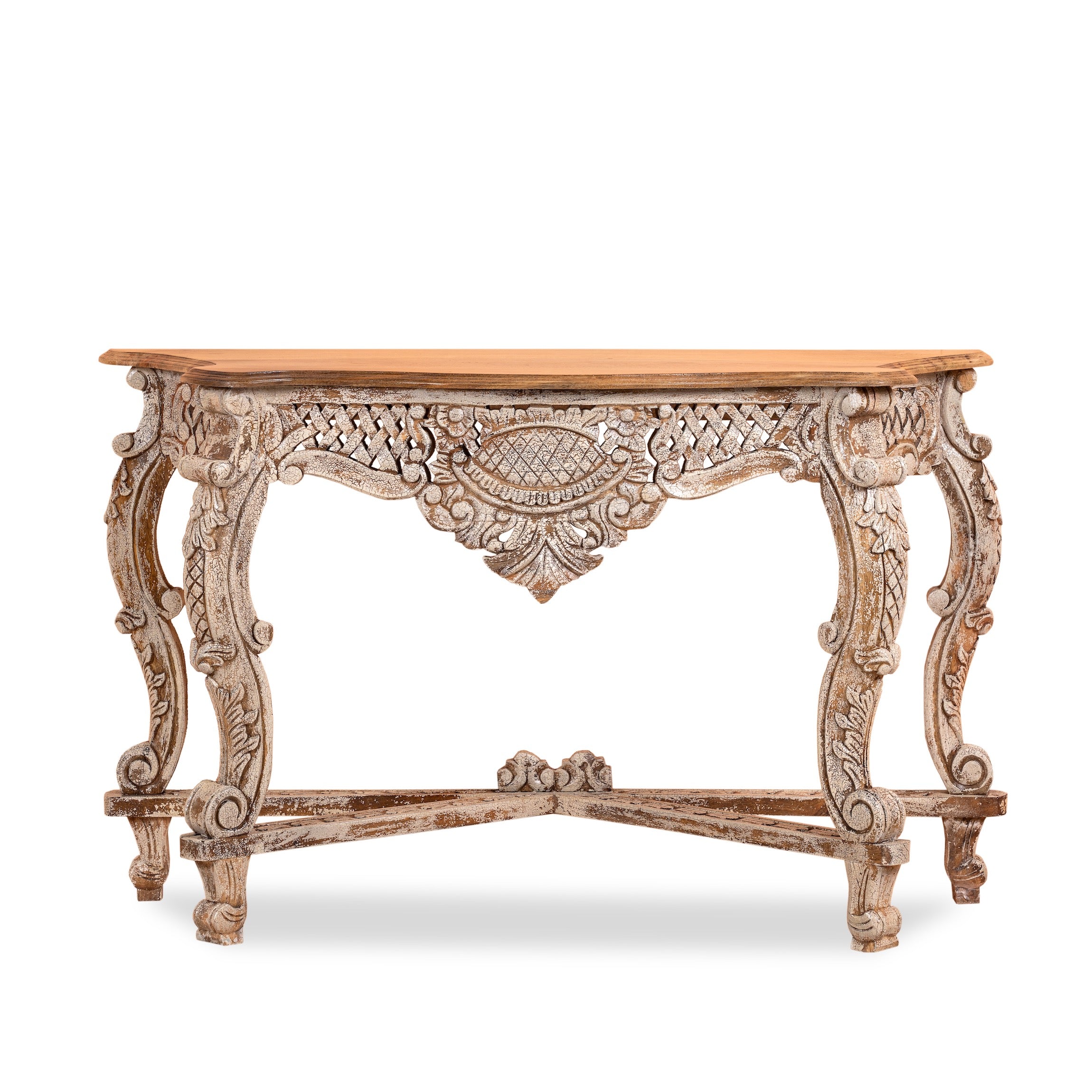 White background image of a vintage console table in solid mango wood with hand-carved detailing; elegant lighting accent for entrance or living room, 120 × 40 × 76 cm.