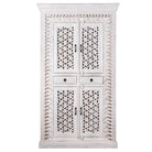 White background image of a 
hand-carved mango wood cabinet with shelving and whitewashed finish, bedroom furniture with floral and geometric motifs, 190 × 105 × 40 cm.