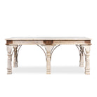White background image of a teak wood dining table with six hand-carved pillar legs; reclaimed Indian dining table, 180 × 90 × 75 cm.