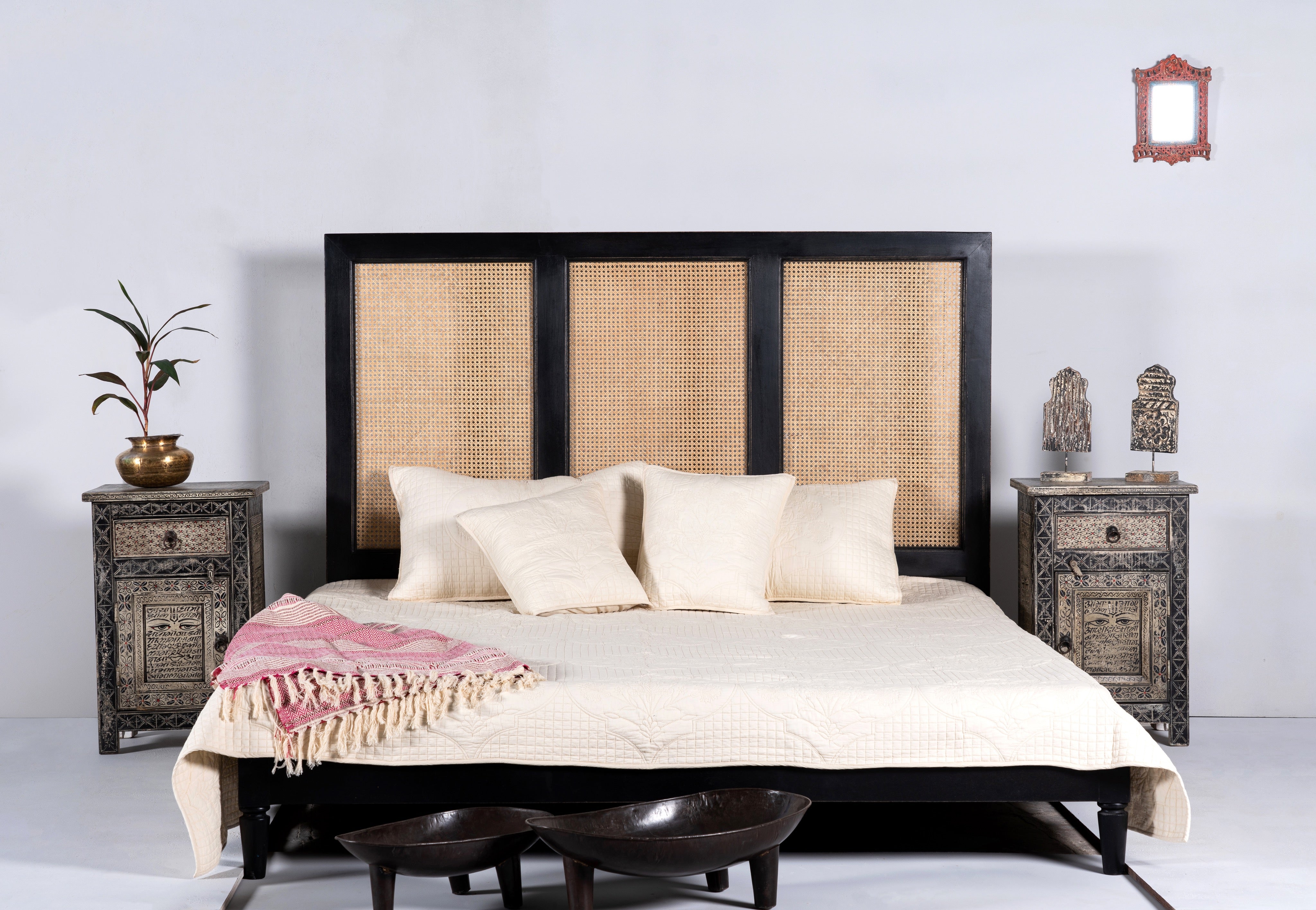 Pair of hand painted Sanskrit bedside tables, reclaimed wood design inspired by traditional cupboards; sustainable furniture, 45 × 35 × 70 cm.
