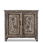 White background image of a hand-painted cupboard made from reclaimed wood with Indian floral motifs; ideal for boho chic living room or unique furniture decor, 100 × 92 × 36 cm.
