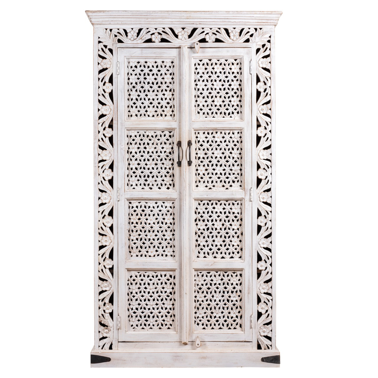 White background image of a hand-carved mango wood cabinet with floral and geometric patterns in white-wash finish – carved wooden furniture and artisanal furniture with Mediterranean charm.
