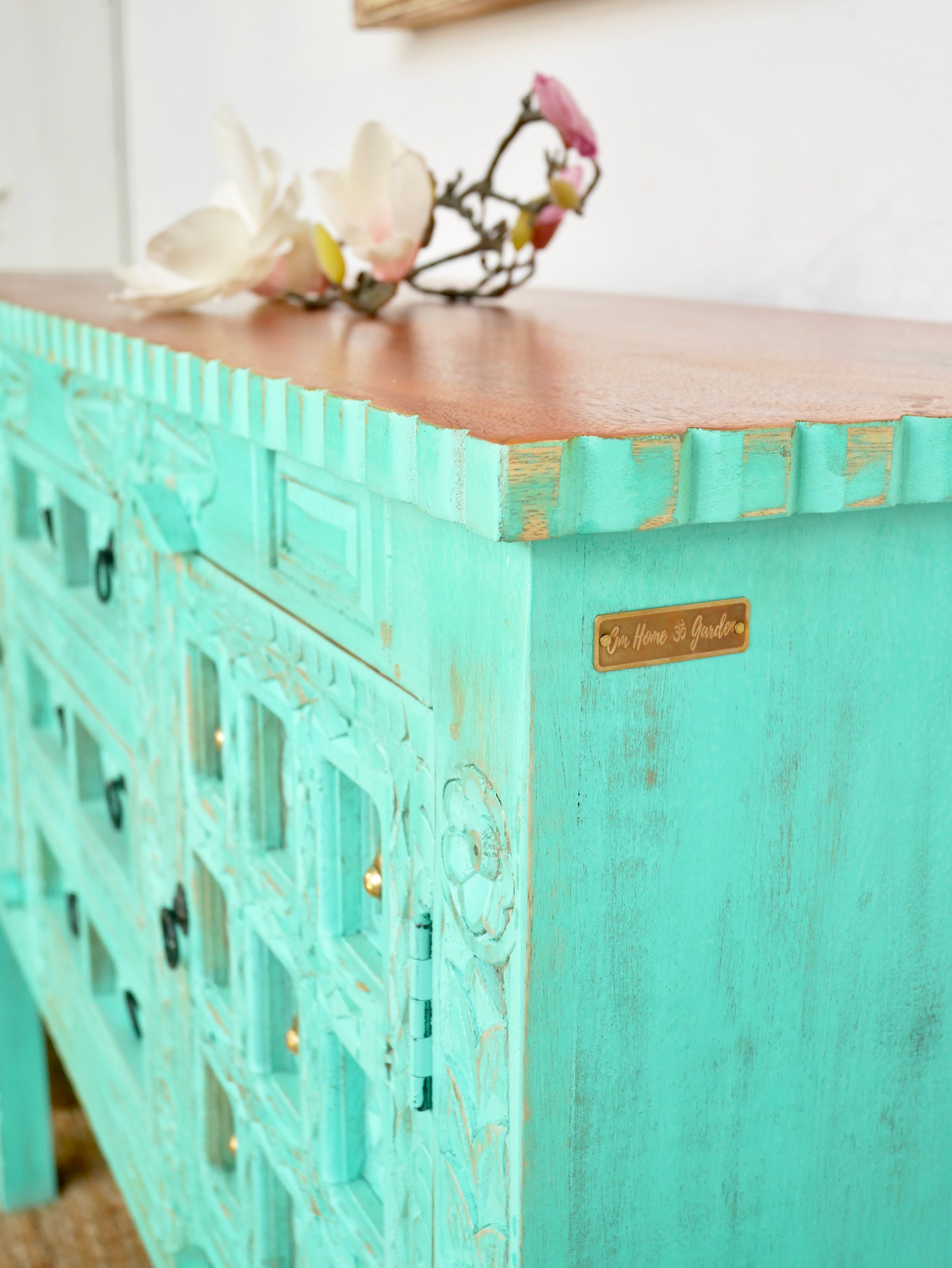 Jalna, turquoise wooden sideboard